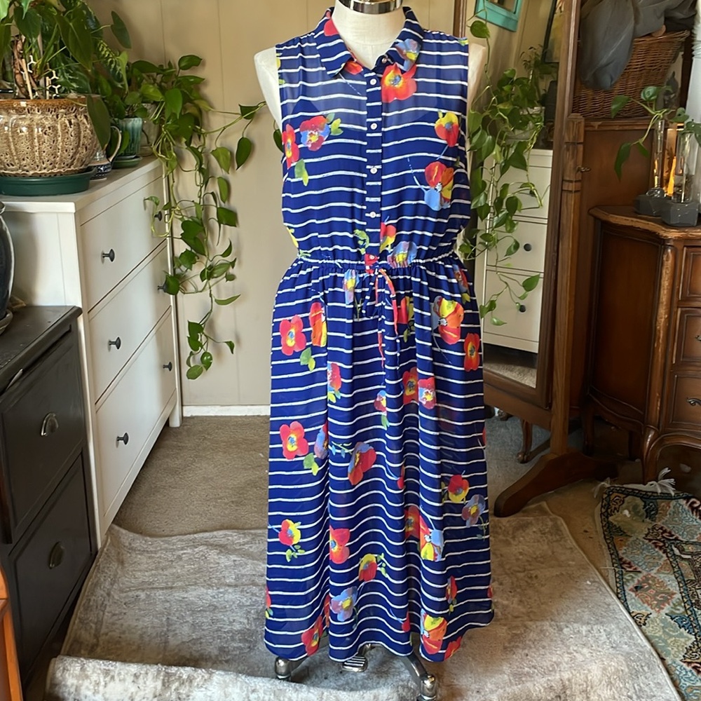 Maison Jules striped floral midi dress (with pockets!), XL